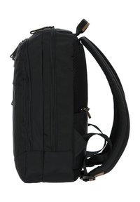 Zaino nero con molteplici scomparti con zip, pannello posteriore in rete testurizzata e spallacci imbottiti per il comfort.