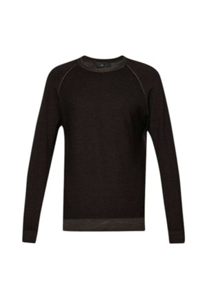 Donkerbruin sweater met een gestructureerd breipatroon, ronde halslijn en lange raglanmouwen. Heeft een contrasterende zoom en manchetten.