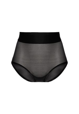 Svart höga trosor med bred elastisk midjeband och slät, sömlös tyg för komfort och stöd.