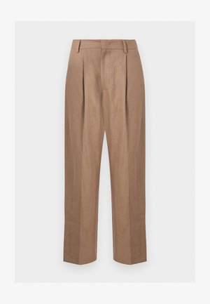 Pantalon beige pour homme, taille haute, coupe droite, avec plis devant, passants pour ceinture et fermeture avant dissimulée.