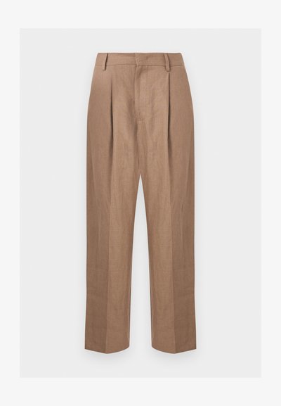 Pantalon beige pour homme, taille haute, coupe droite, avec plis devant, passants pour ceinture et fermeture avant dissimulée.