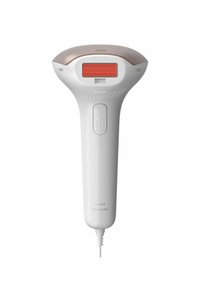 Appareil Philips Lumea Advanced, avec un boîtier blanc, une forme ergonomique, une prise en main texturée et un dessus teinté de rose avec une fenêtre à lumière rouge.