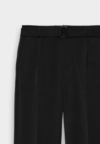 Black trousers with a straight cut, featuring a smooth texture, belt loops, and a buckle detail on the waistband.