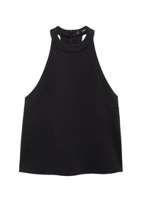 Top senza maniche nero con collo alto, dotato di due tasche frontali e una cerniera sul retro, realizzato in tessuto liscio e elasticizzato.