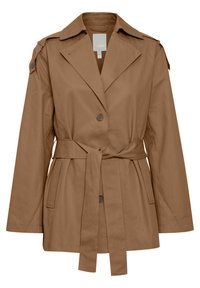 Hellbrauner Trenchcoat aus Baumwollmischung. Hat einen breiten Kragen, eine Knopfleiste, einen verstellbaren Taillengürtel und seitliche Taschen.
