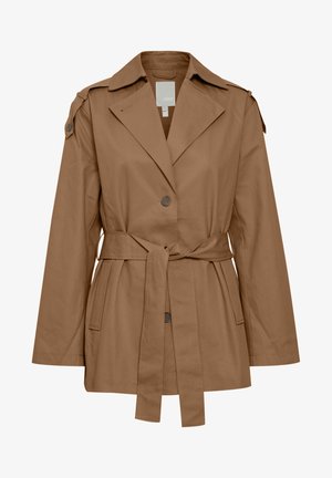 Hellbrauner Trenchcoat aus Baumwollmischung. Hat einen breiten Kragen, eine Knopfleiste, einen verstellbaren Taillengürtel und seitliche Taschen.