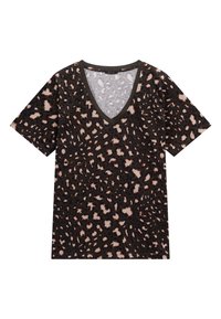 Braunes V-Ausschnitt-T-Shirt mit Leopardenmuster und dunklen Akzenten, kurzen Ärmeln und einer weichen Textur. Verfügt über einen kontrastierenden Kragenbesatz.