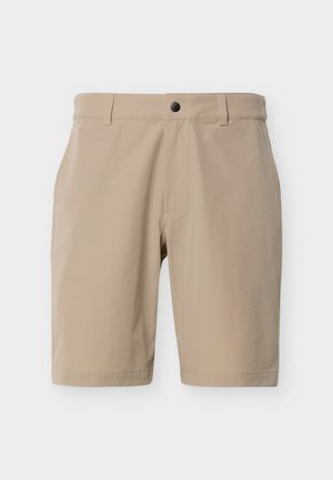 Beige Herren-Freizeithosen mit Gürtelschlaufen, vorderem Knopf und Seitentaschen, dargestellt vor weißem Hintergrund.