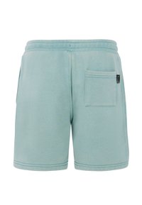 Lichtblauwe katoenen shorts met een elastische tailleband, achterzak en zichtbare stikseldetails. Glad textuur, casual ontwerp.