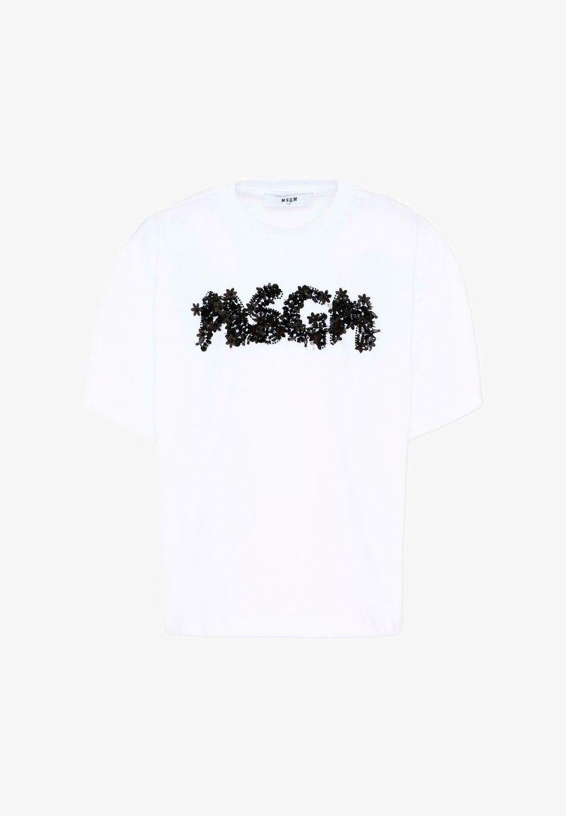 T-shirt blanc à manches courtes avec logo "MSGM" sur le devant, composé d'appliqués floraux noirs et de sequins.