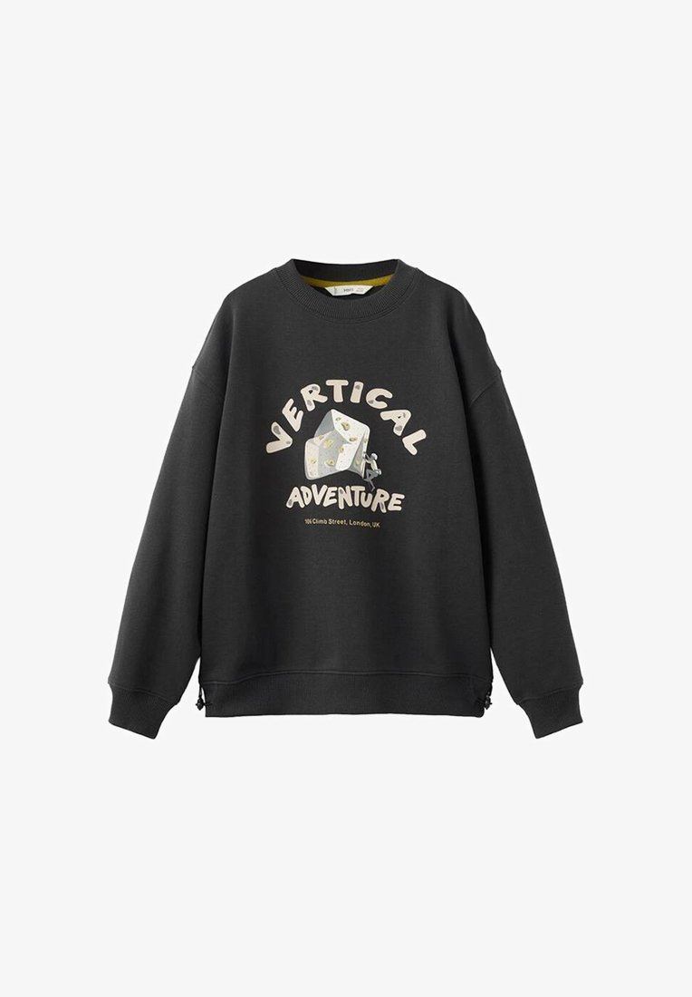 Black sweatshirt with a round neckline, drop shoulders, graphic print stating "VERTICAL ADVENTURE" and detailed design elements. Soft fabric texture.