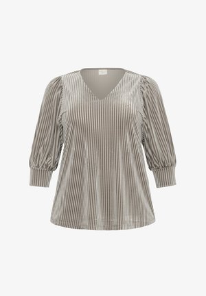 Grau gestreiftes Oberteil mit V-Ausschnitt, puffigen Ärmeln und geripptem Textur. Der Stoff hat einen leichten Glanz, der dem Design Tiefe verleiht.