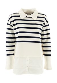 Top de manga larga a rayas en colores azul marino y blanco, con un detalle de botones en el lateral y un dobladillo estilo camisa blanca. Textura de tela suave.