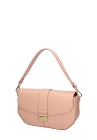 Borsa a tracolla in finta pelle rosa con una forma strutturata, dotata di manico superiore, chiusura in oro e una superficie liscia.