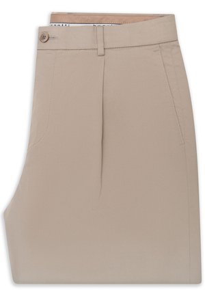 Beige Herrenanzughose, gefaltet, mit seitlichen Taschen, Gürtelschlaufen und Knopfverschluss in der Taille.