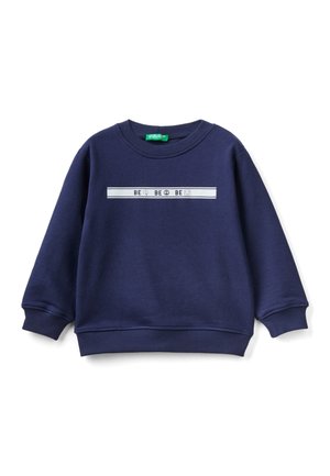 Sweat-shirt pour enfants bleu marine avec poignets et ourlet côtelés, présentant une bande blanche et le texte "BE" accompagné d'icônes de fleur, soleil et visage souriant sur la poitrine.