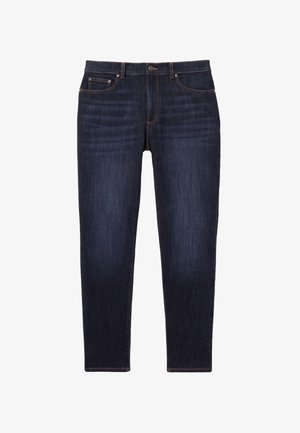 Tumesinised kitsad teksad viie tasku, nööp sulgumise ja peene pleekimisega ees reie piirkonnas.