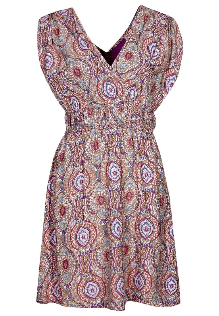 Patroonjurk met een v-hals, korte pofmouwen, elastische taille en een mix van paarse, roze en gouden tinten met een bloemmotief.