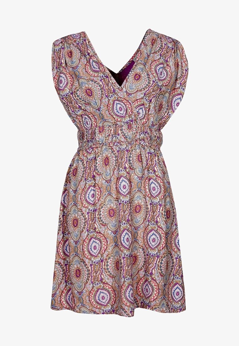 Patroonjurk met een v-hals, korte pofmouwen, elastische taille en een mix van paarse, roze en gouden tinten met een bloemmotief.