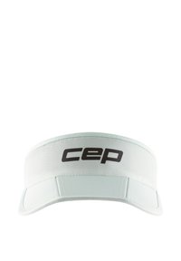 Weißes Sport-Visier mit gebogenem Schirm, das eine strukturierte Oberfläche aufweist und ein auffälliges schwarzes "cep"-Logo auf der Vorderseite hat.
