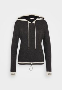 Hoodie tricoté noir avec une texture légère, accents crème, cordons et logo sur les poignets. Bas réglable avec cordon.