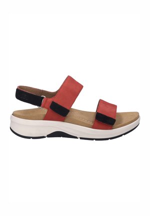 Red and black sandal with dual adjustable straps, cushioned footbed, white midsole, and rubber outsole for traction.