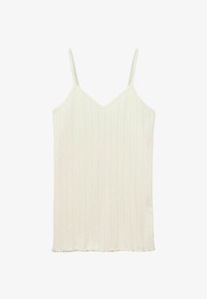 Lichte crèmekleurige cami met dunne bandjes, geribbelde textuur, V-halslijn en een lichte ruffle aan de onderrand. Gladde stof met verticale lijnen.
