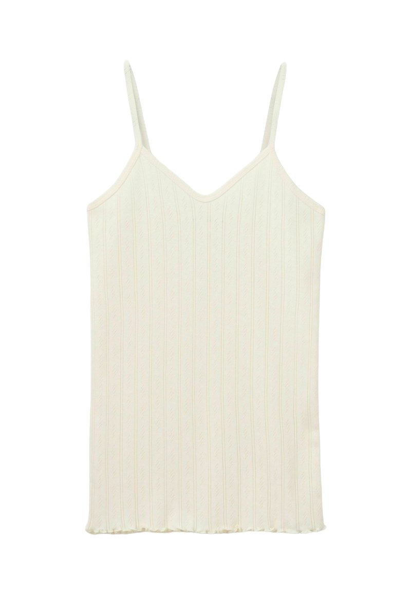 Világos krém színű pántos felsőrész vékony pántokkal, bordázott textúrával, V-nyakkivágással és enyhe fodorral az alján. Simább anyag függőleges vonalakkal.