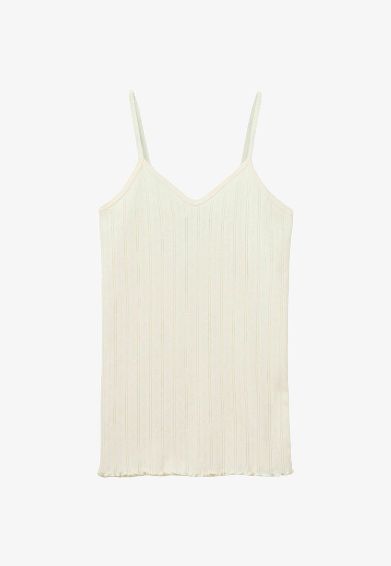 Svetlý krémový top na tenkých ramienkach, s rebrovanou textúrou, výstrihom do V a slabým volánom na spodnom leme. Hladká látka s vertikálnymi pruhmi.