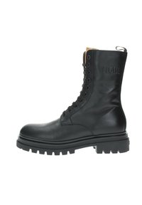 Stivali in pelle nera con lacci, caratterizzati da un alto gambale, suola in gomma spessa, cuciture resistenti e un nastro sul retro per facilitarne l'indossamento.