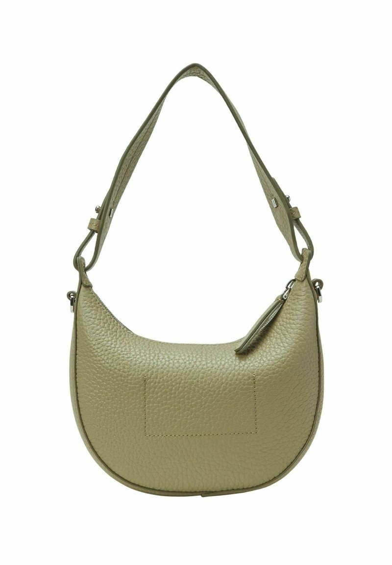 Grüne Lederhandtasche mit geschwungener Form, texturierter Oberfläche, kurzem Schulterriemen und einer kleinen Reißverschlusstasche an der Seite.