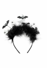 Schwarzes, flauschiges Haarband, verziert mit glitzernden Fledermäusen, weißen Geistern und einem silbernen Halbmond mit wackelnden Augen.