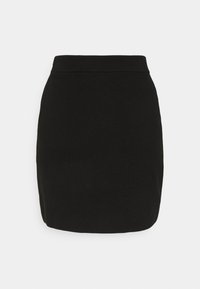 Jupe noire arrivant au genou, à la texture lisse, au design simple et à la forme ajustée. Aucun élément métallique visible ni accent supplémentaire.