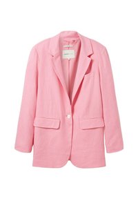 Růžový lněný blejzr s jedním knoflíkem, s klopami a dvěma předními kapsami. Lehká tkanina s hladkou texturou.