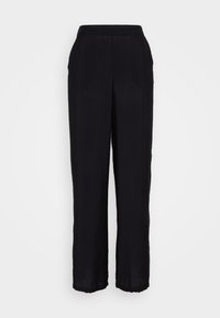 Pantalons larges noirs en tissu texturé ; avec une taille haute et deux poches latérales, offrant une coupe fluide et décontractée.