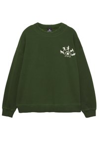 Sötétzöld, kerek nyakú pulóver fehér grafikával, amely öt táncoló alakot ábrázol, valamint "STWD." felirat található a bal mellrészen.