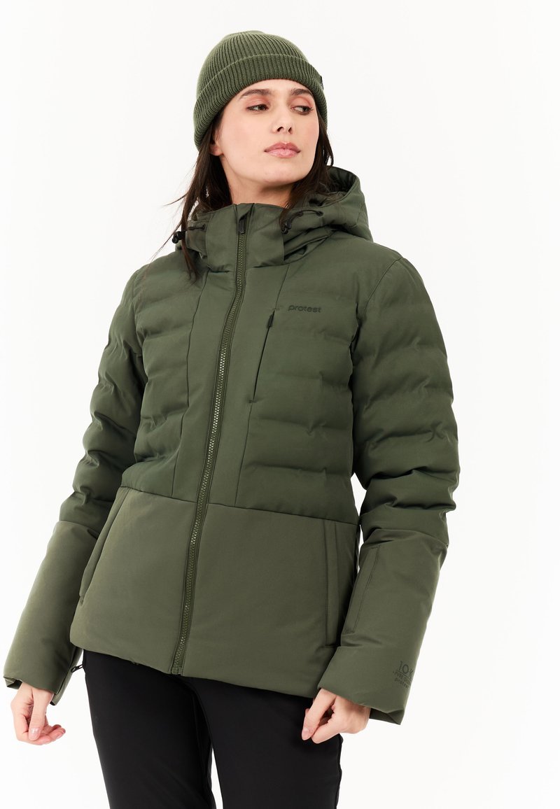 Groene gewatteerde jas met een ritssluiting aan de voorkant, een capuchon en lange mouwen. Gestructureerd oppervlak en een gladde onderkant. Draag met een bijpassende beanie.