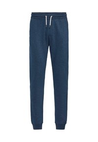 Pantalones jogger azul marino fabricados en un tejido suave, con una cinturilla elástica con cordón, tobillos ajustados y una textura lisa.