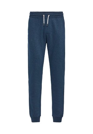 Navy blue jogger pants made of soft fabric, featuring an elastic waistband with drawstring, cuffed ankles, and a smooth texture.
