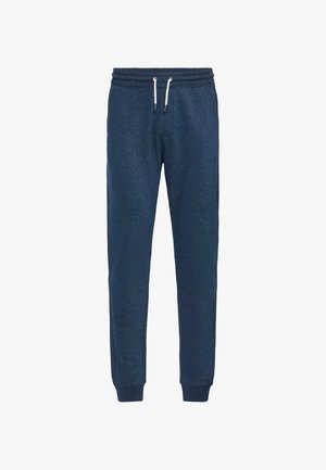 Sötétkék jogger nadrág, puha anyagból, elasztikus derékkal és húzózsinórral, zárt bokákkal és sima felülettel.