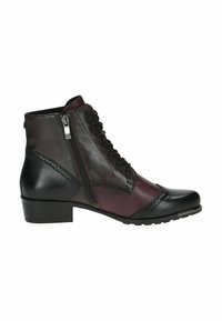 Botín de piel marrón y negro con cierre de cordones y cremallera, detalles de brogue y tacón cuadrado. Textura suave y colores combinados.