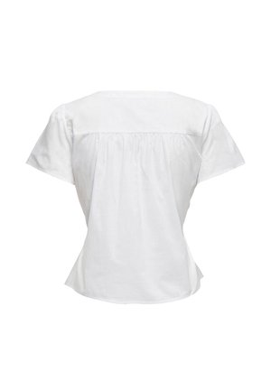 Blouse en coton blanc à manches courtes, panneau arrière froncé, ourlet arrondi et texture lisse. Coupe décontractée avec des détails de design minimal.