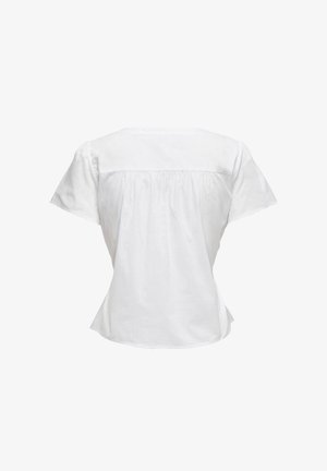 Biela bavlnená blúzka s krátkymi rukávmi, z gathered zadným panelom, zakulateným lemom a hladkou textúrou. Uvoľnený strih s minimom dizajnových detailov.
