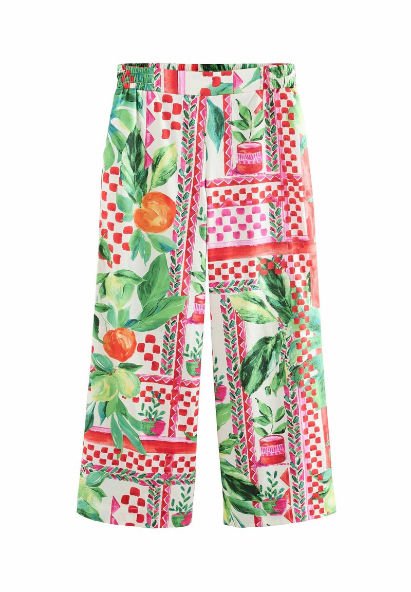 Culottes à motif floral avec une base blanche ornée d'illustrations colorées de feuilles, de fruits et de pots, taille élastique, design à jambes larges.