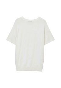 Maglione bianco a maniche corte, dalla vestibilità ampia, con scollo rotondo, texture morbida e senza motivi o dettagli in metallo visibili.