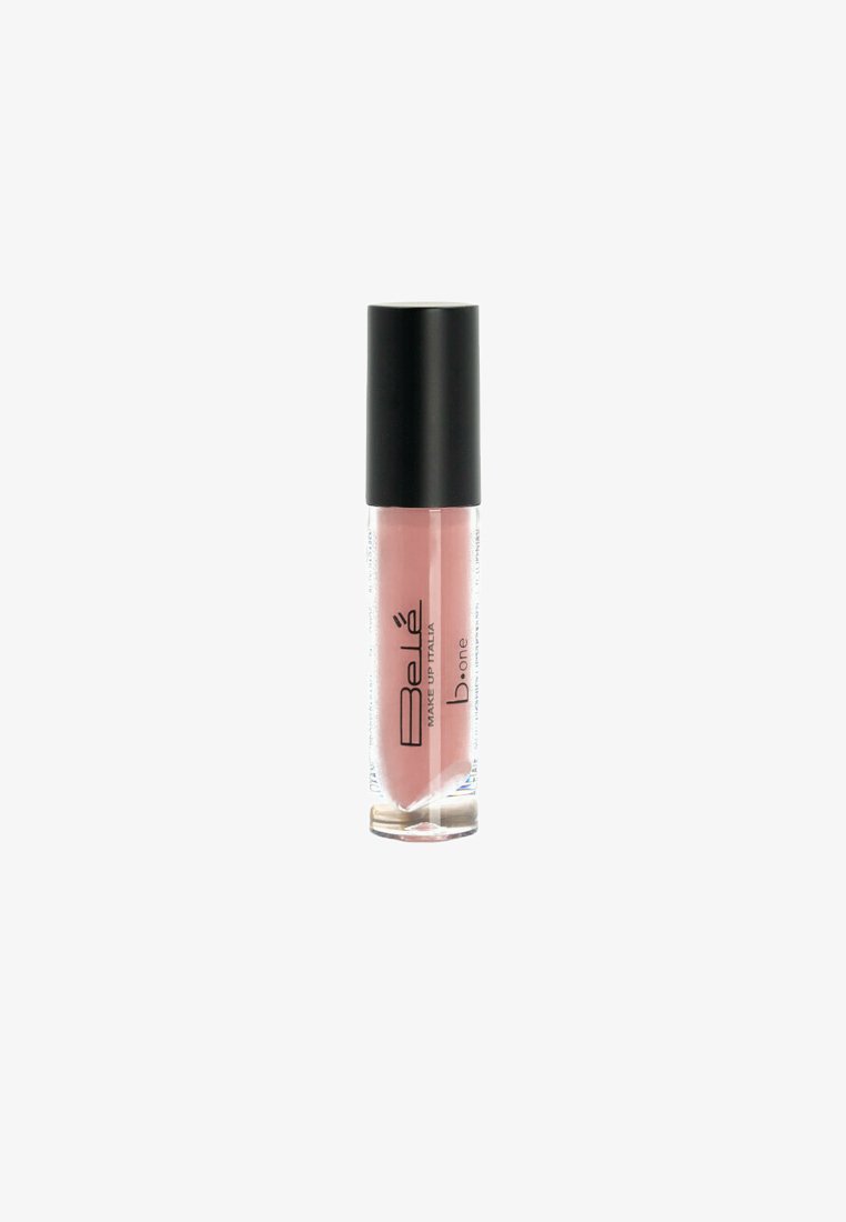 Tubetto di gloss per labbra rosa, con tappo nero, etichettato "Belé Make Up Italia b.one" su sfondo bianco.