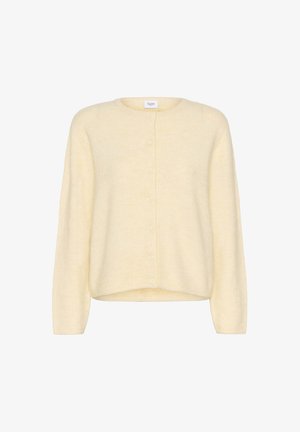 Crème-kleurige cardigan van zacht materiaal. Heeft lange mouwen, een ronde halslijn en een voor sluiting met knopen, met subtiele textuur.