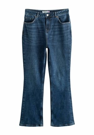 Ciemnoniebieskie dzwony z denimu. Posiadają pięć kieszeni i zapięcie na guziki z przodu. Gładka faktura z subtelnym spraniem.