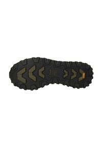 Suela de goma negra con surcos profundos y un patrón en zigzag, con acentos verdes y la marca "Clark". Diseñada para tracción y durabilidad.
