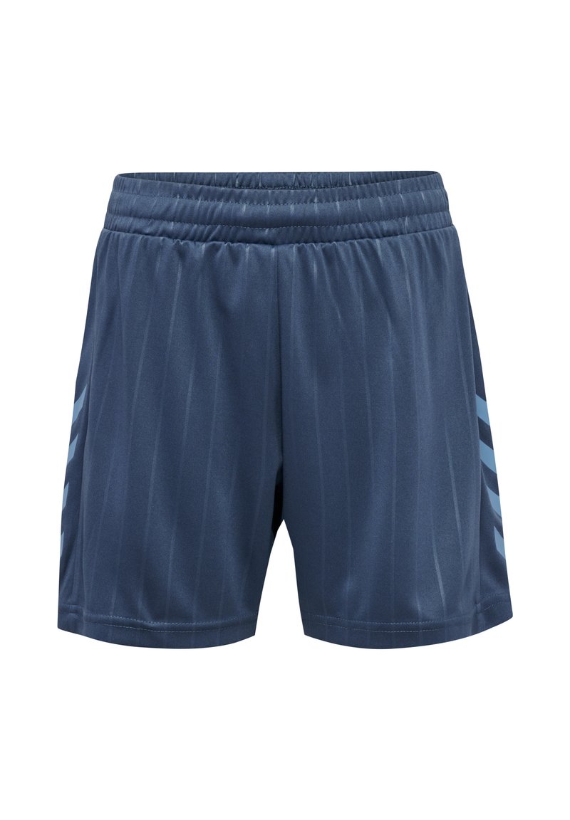 Marina atletiska shorts med elastisk midja, lätt material, vertikala ränder och ljusblå sidokanter.